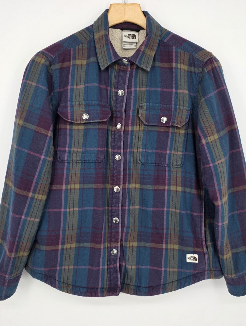 The North Face Women's Plaid Sherpa-Lined Shirt Jacket Size M Purple, Blue.